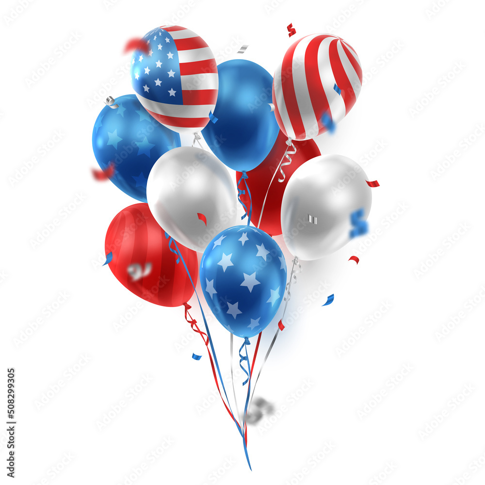 Big bouquet of realistic balloons in American, USA color and ribbons ...