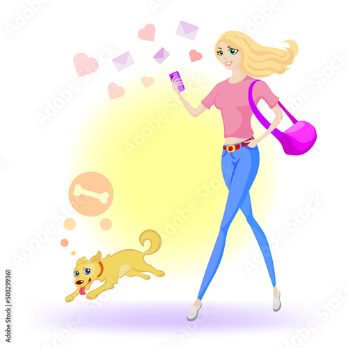 The girl hurries about her business and enjoys life, vector illustration, on background, girl, sun, business, work, walk