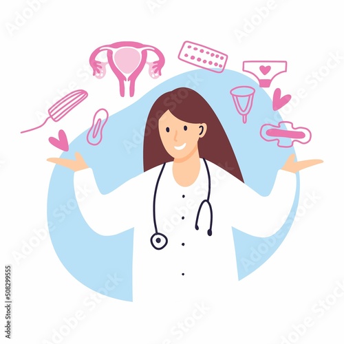 The girl is a gynecologist doctor with female personal hygiene products during menstruation