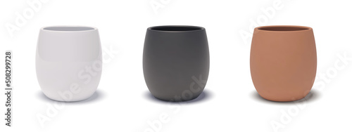 3D realistic glossy white, black and terracotta ceramic flower pots with drop shadows. Three-dimensional empty reservoirs for house plants. Vector isolated clipart