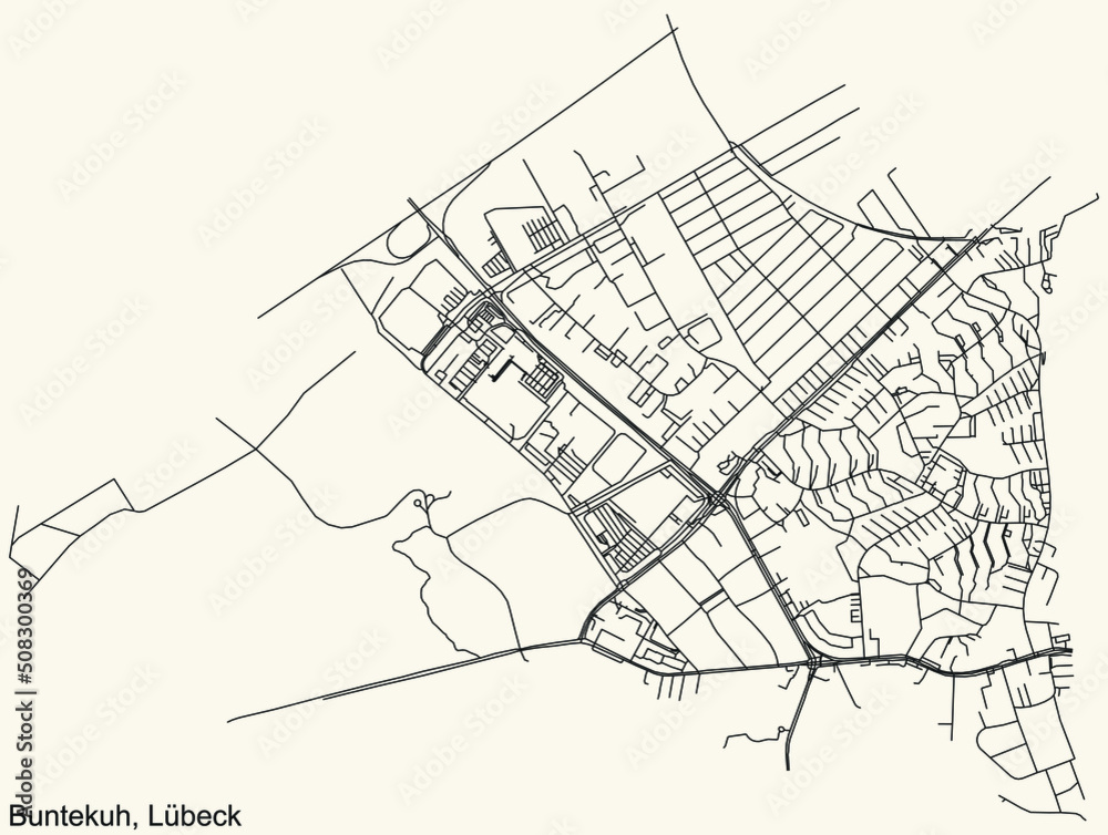 Detailed navigation black lines urban street roads map of the BUNTEKUH DISTRICT of the German regional capital city of Lübeck, Germany on vintage beige background