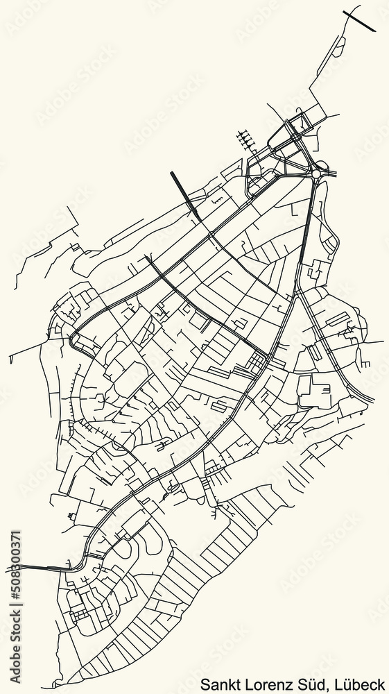 Detailed navigation black lines urban street roads map of the ST. LORENZ-SÜD DISTRICT of the German regional capital city of Lübeck, Germany on vintage beige background