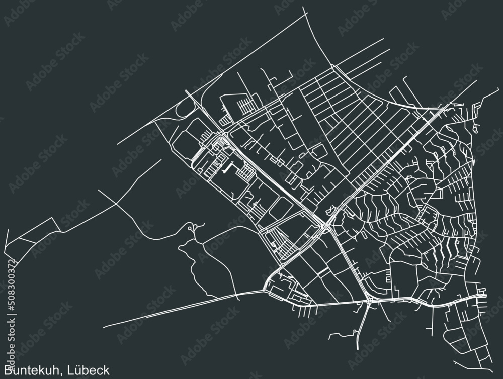 Detailed negative navigation white lines urban street roads map of the BUNTEKUH DISTRICT of the German regional capital city of Lübeck, Germany on dark gray background