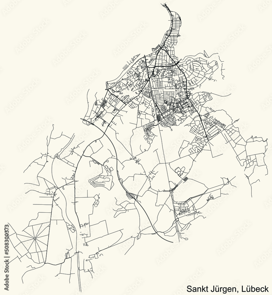 Fototapeta premium Detailed navigation black lines urban street roads map of the ST. JÜRGEN DISTRICT of the German regional capital city of Lübeck, Germany on vintage beige background