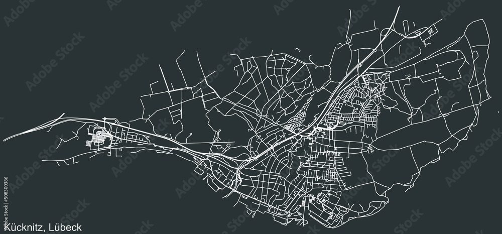 Detailed negative navigation white lines urban street roads map of the KÜCKNITZ DISTRICT of the German regional capital city of Lübeck, Germany on dark gray background