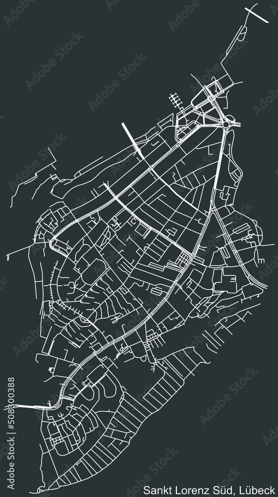 Detailed negative navigation white lines urban street roads map of the ST. LORENZ-SÜD DISTRICT of the German regional capital city of Lübeck, Germany on dark gray background