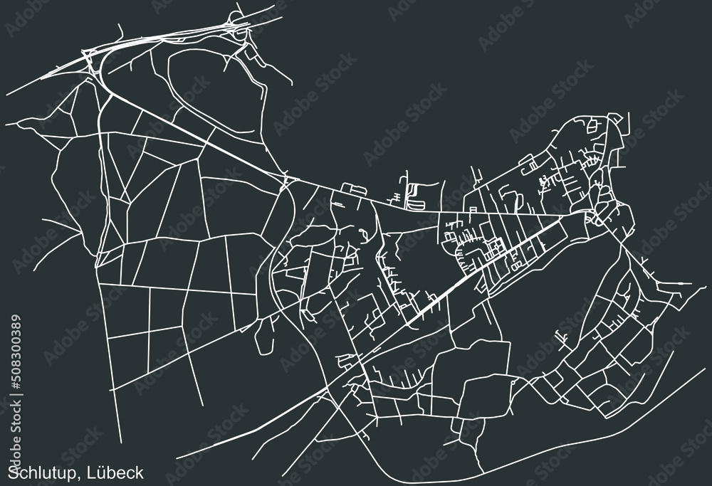 Detailed negative navigation white lines urban street roads map of the SCHLUTUP DISTRICT of the German regional capital city of Lübeck, Germany on dark gray background