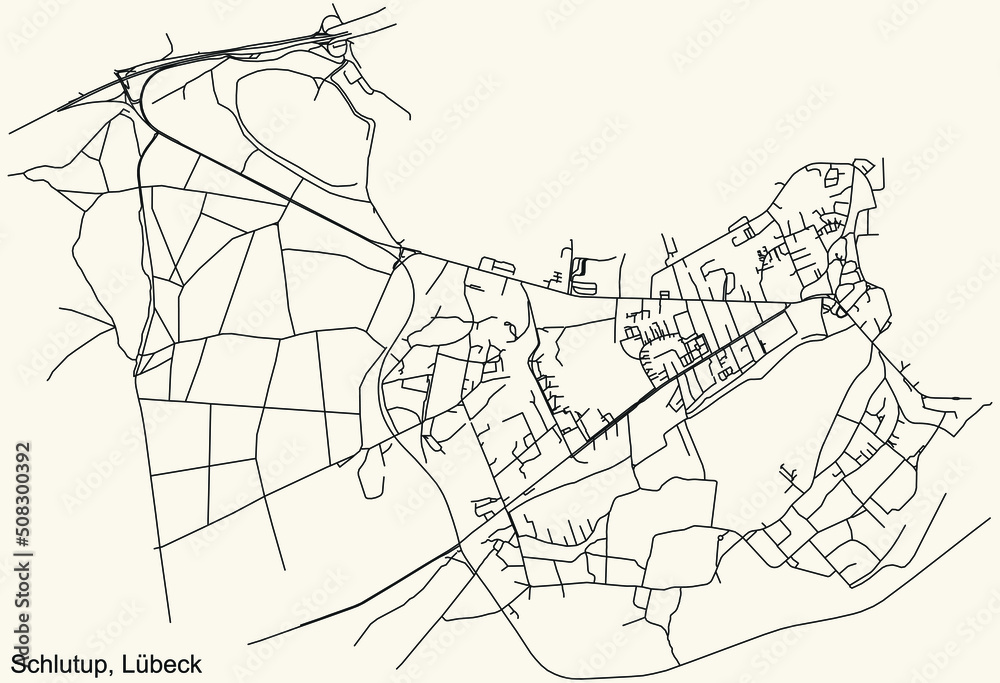 Obraz premium Detailed navigation black lines urban street roads map of the SCHLUTUP DISTRICT of the German regional capital city of Lübeck, Germany on vintage beige background