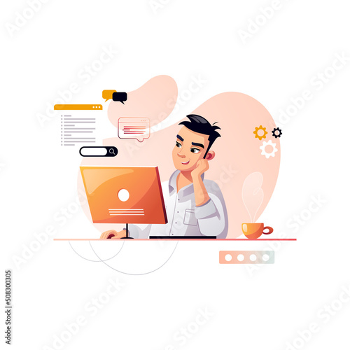 Programmer is thinking about the program code. Development of programming and coding technologies. A screen with codes, a developer working with a task. Isolated vector illustration.