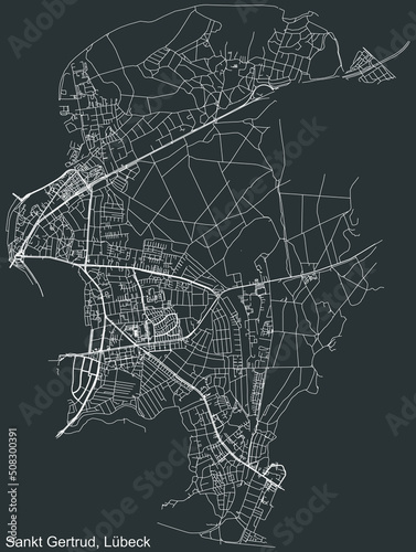 Detailed negative navigation white lines urban street roads map of the ST. GERTRUD DISTRICT of the German regional capital city of Lübeck, Germany on dark gray background