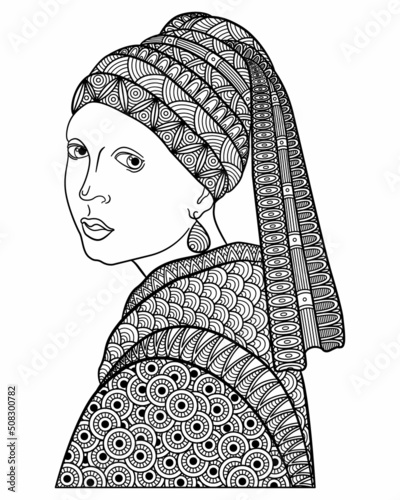 Zentangle reproduction girl with pearl earring Jan Vermeer 1665. Vector ornamental and decorative template illustration for printing on postcards, t-shirts, bags, cups, clothing, Wallpaper, posters, c