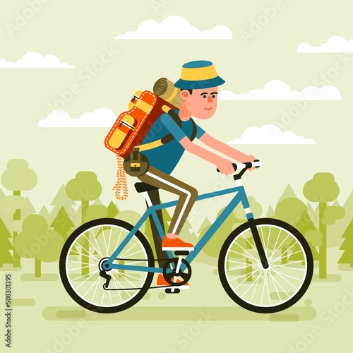 Hiker Cyclist with backpack against the backdrop of the forest. Vector cartoon image.
