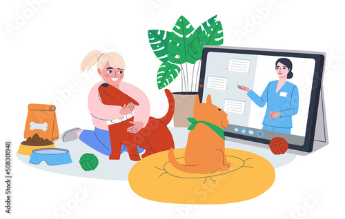 An online veterinarian consults the owner of two dogs. Internet meeting of a doctor with animal patients. Flat illustration. Eps10
