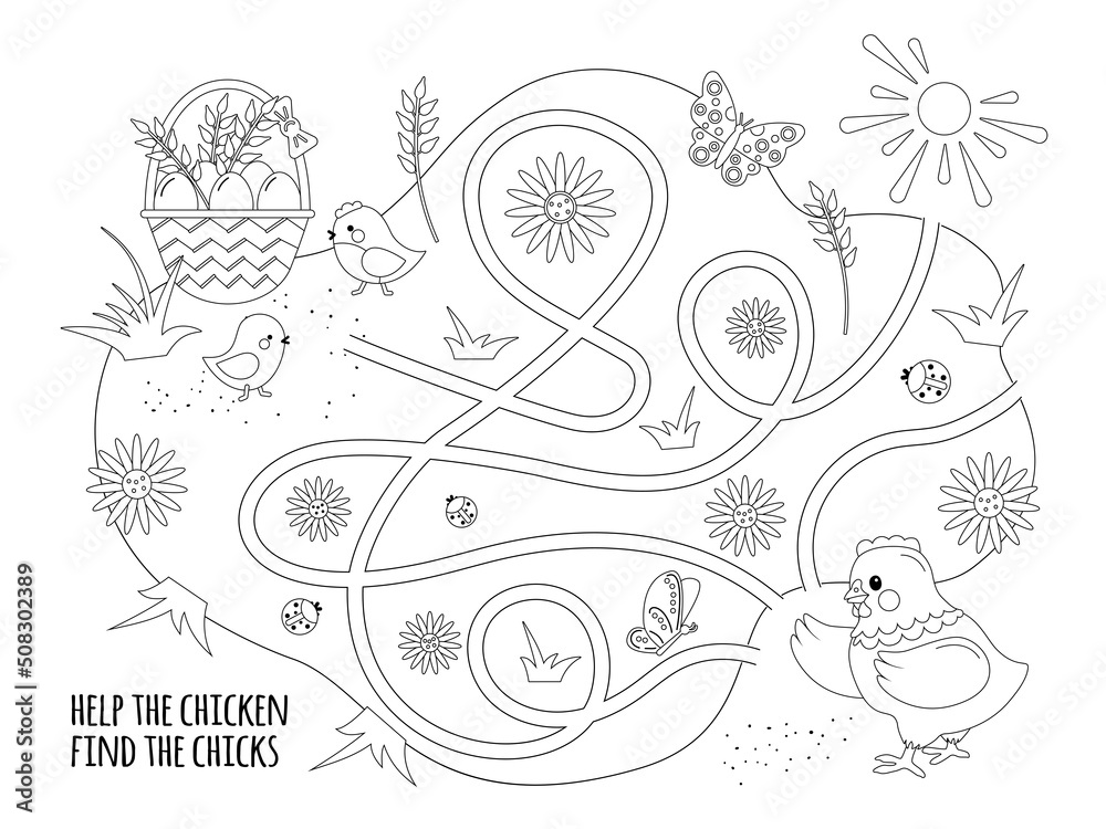 Maze coloring for children. Help the Chicken find the chicks.