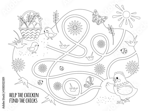 Maze coloring for children. Help the Chicken find the chicks.