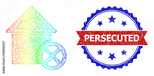 Mesh net wrong house frame icon with spectral gradient, and bicolor unclean Persecuted seal stamp. Red stamp seal includes Persecuted title inside blue rosette. Colorful carcass mesh wrong house icon.