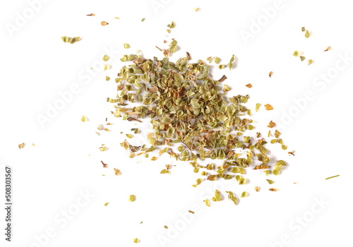 Chopped dried oregano leaves, pile isolated on white, top view
