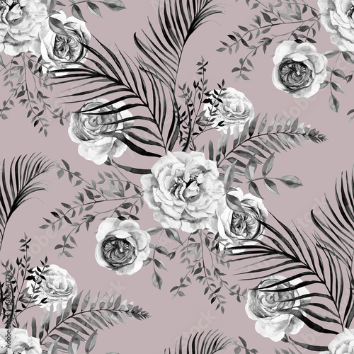 Wallpaper Mural Seamless black and white watercolor pattern with flowers of delicate roses and dry branches and leaves of palm trees in Boho style drawn for summer clothing textile and surface design Torontodigital.ca