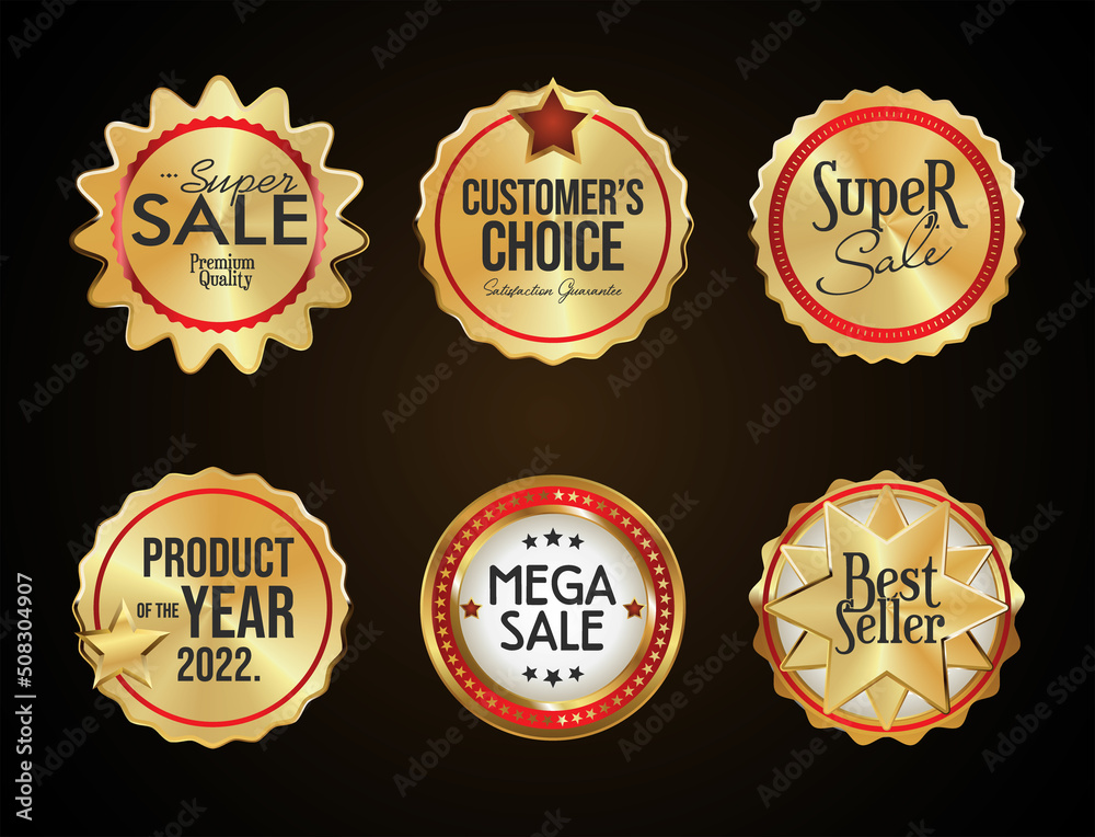 Collection of golden badges and labels on black background Collection of golden badges and labels on black background