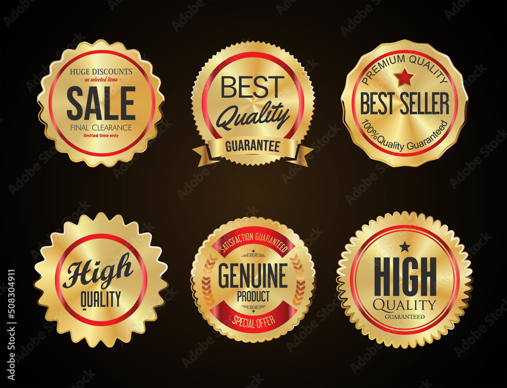 Collection of golden  badges and labels on black background 