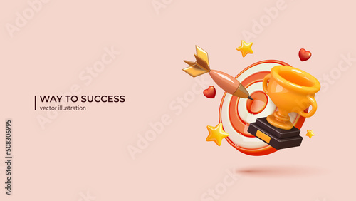 Champion trophy, gold cup. Realistic 3d design of Winner prize, sport award, success concept in cartoon minimal style. Vector illustration