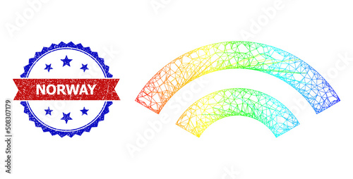 Crossing mesh WiFi waves wireframe icon with rainbow gradient, and bicolor dirty Norway seal stamp. Red seal has Norway caption inside blue rosette. Colored carcass network WiFi waves icon.
