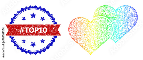 Net love hearts carcass icon with spectrum gradient, and bicolor textured #Top10 seal stamp. Red stamp includes #Top10 tag inside blue rosette. Vibrant carcass network love hearts icon. photo