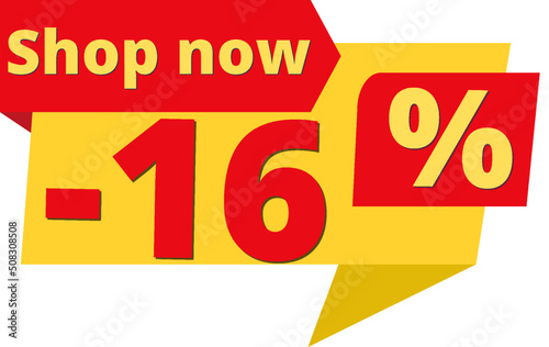 16% off, shop now (yellow speech bubble design with red discount banner) 