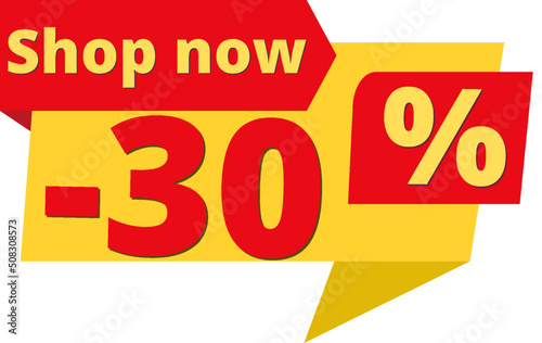 30% off, shop now (yellow speech bubble design with red discount banner) 