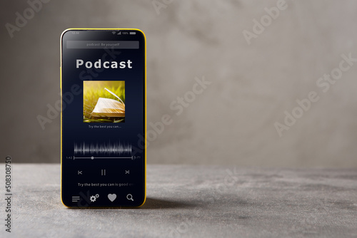 Streaming service. Listen podcast online concept, online music player app on smartphone