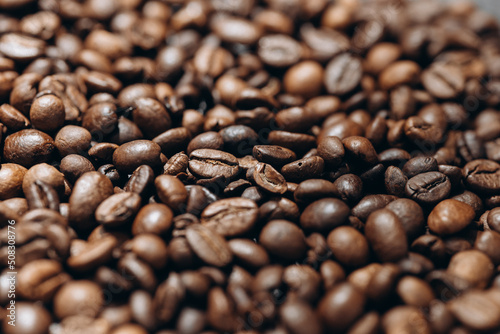 Close close-up of roasted coffee beans