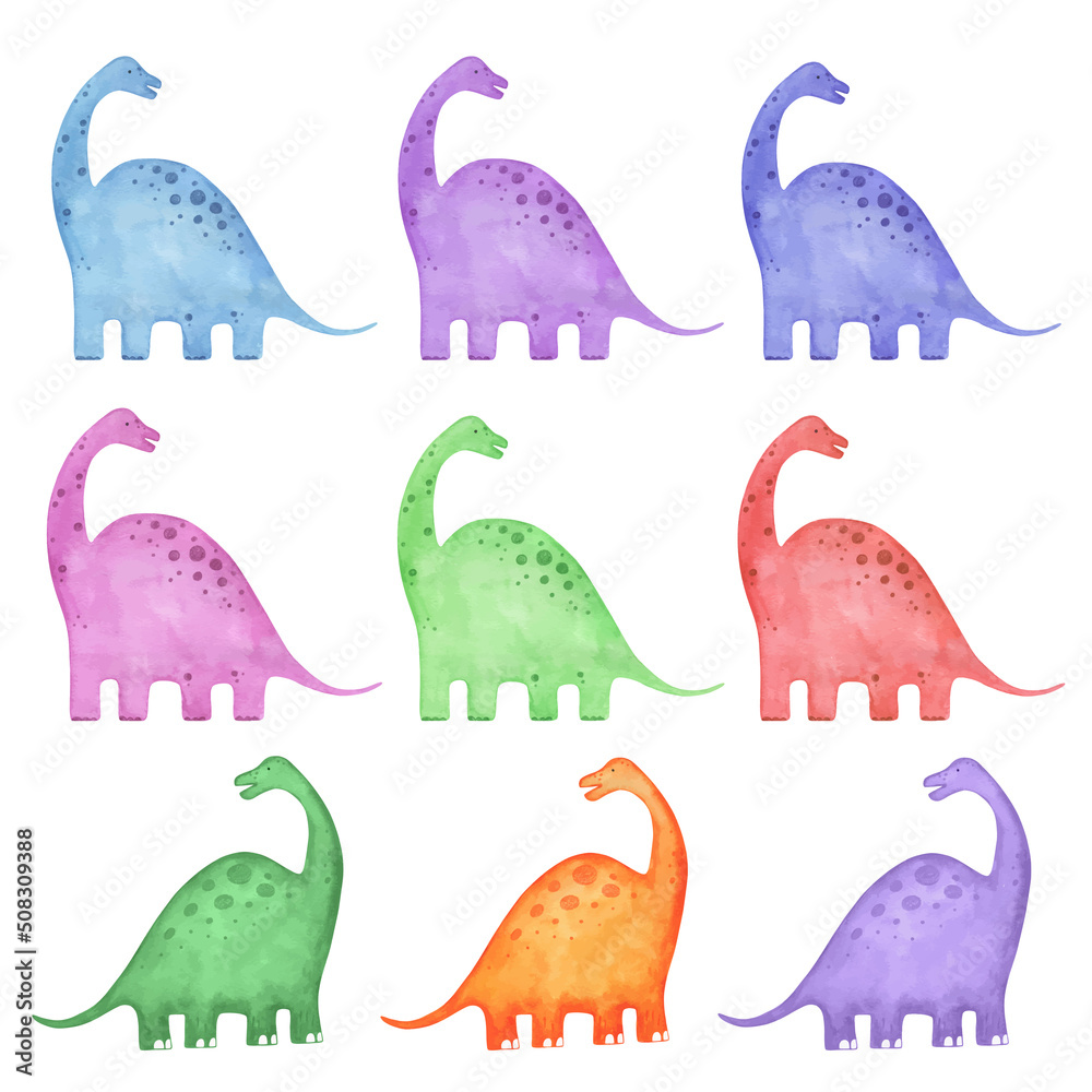 Watercolor dinosaurs. Vector set