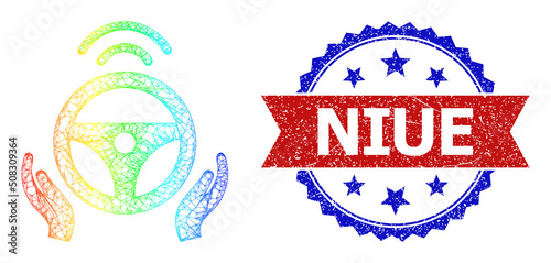Net mesh driverless car carcass illustration with spectral gradient, and bicolor dirty Niue seal stamp. Red stamp contains Niue text inside blue rosette. Colorful carcass mesh driverless car icon.