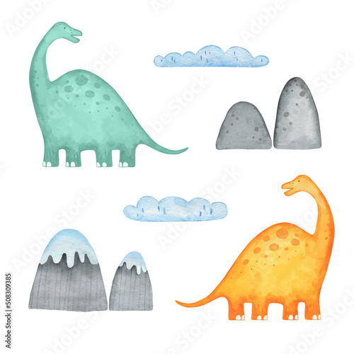 Watercolor vector dino and mountain. Cartoon illustration