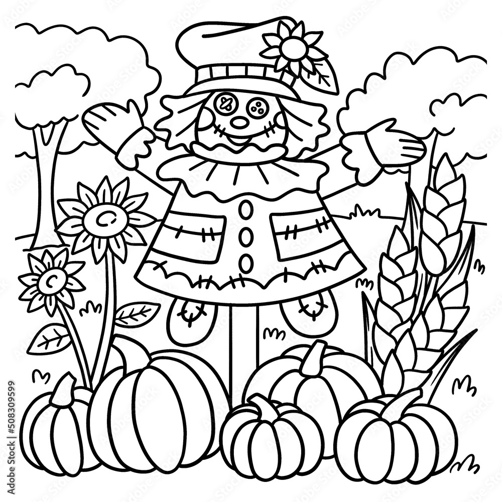 Thanksgiving Scarecrow Coloring Page for Kids Stock-Vektorgrafik ...