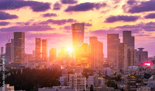 Tel Aviv Skyline At Sunset, Tel Aviv Cityscape Large Panorama At Sunset Time, Israel