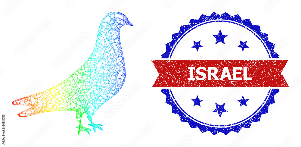 Crossing mesh dove carcass illustration with spectral gradient, and bicolor grunge Israel seal. Red badge includes Israel tag inside blue rosette. Colored carcass mesh dove icon.