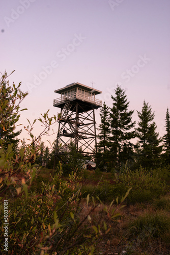 Fire lookout tower in Northwest Montana at sunrise
