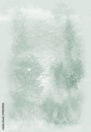 Forest silhouette background in fog vertical orientation © Marina