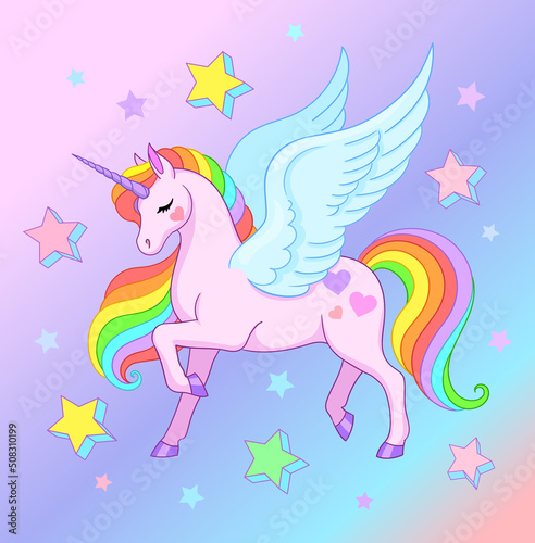 Cute unicorn with rainbow mane. Vector illustration with gradient background