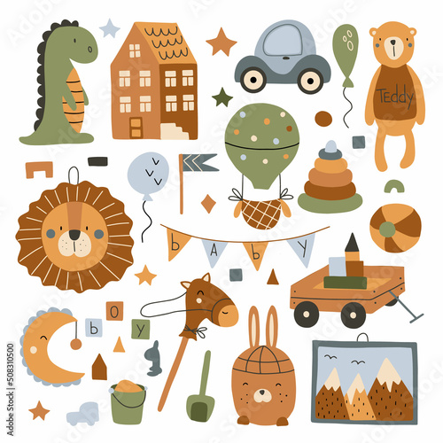 A set of children's toys for a boy. Cute funny toys for little kids. Isolated vector illustration in boho style in warm colors.