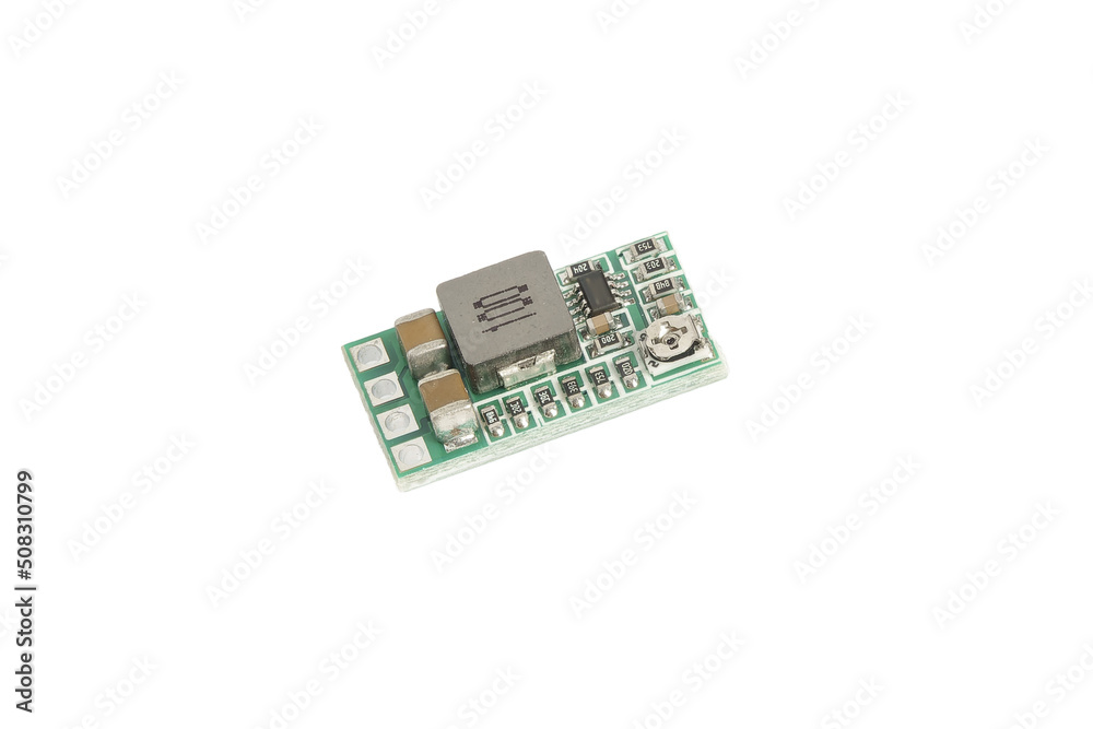 DC step-down transformer module isolated on white background DC step-down transformer module isolated on white background