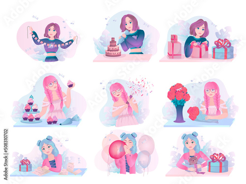 People are preparing for a birthday party and celebrating with garlands, balloons, champagne, cake, and gift boxes. Preparation for the holiday. Vector illustration isolated on white background.
