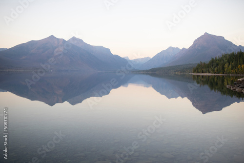 Mountain reflections on a lake at sunset 