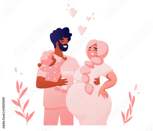 Happy Family on floral background. Young man hugs his pretty pregnant wife while holding elder child. Concept of happy family relations filled with love and compassion. Flat vector illustration.