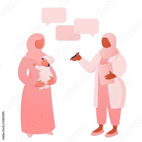 Muslim mother with child visiting doctor for health checkup and consultation. Flat vector illustration isolated on white background.