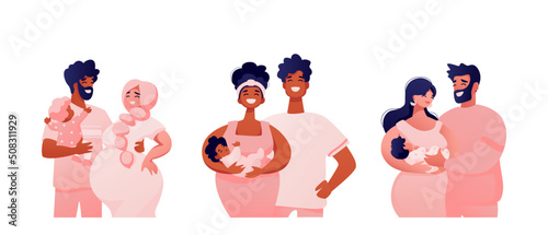 Set of happy families. Happy couples holding babies and pregnant. Concept of happy marriage and family with love. Vector illustration isolated on white background.
