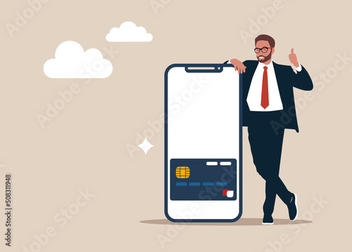 Business App. Cheerful American Businessman Standing Near Big Blank Smartphone And Showing Thumb Up, Happy Male In Suit Demonstrating Copy Space For Online Advertisement, Mockup.