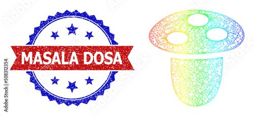 Net mesh mushroom frame icon with spectrum gradient, and bicolor rubber Masala Dosa seal. Red seal has Masala Dosa tag inside blue rosette. Colored frame mesh mushroom icon.