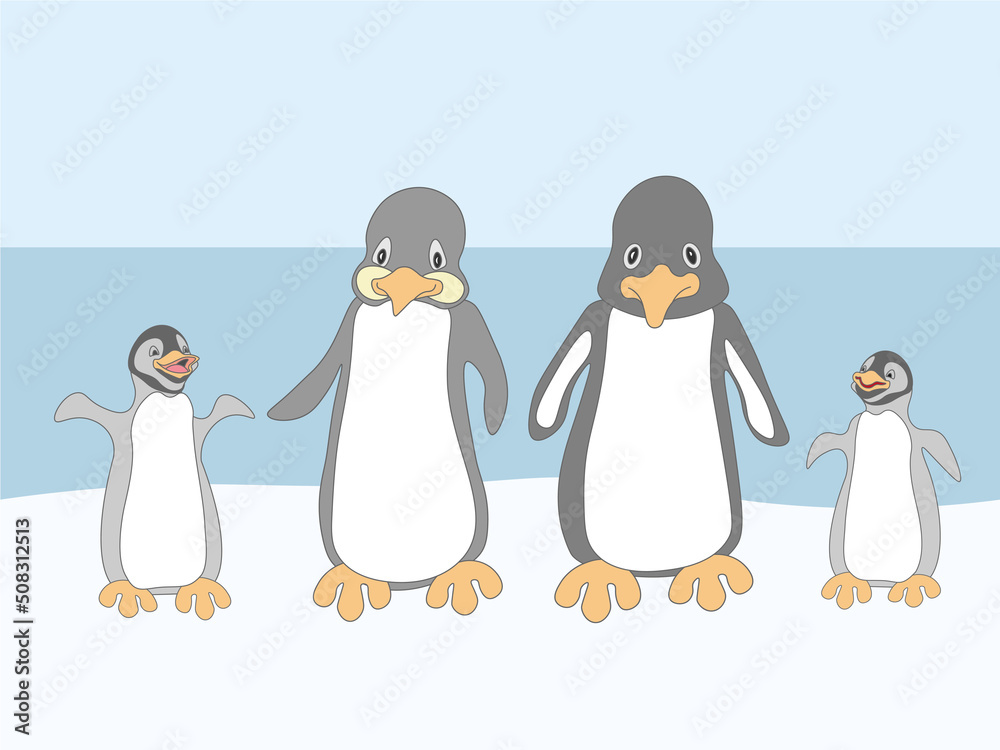Obraz premium Family of penguins on the beach isolated cartoon styleTwo adult penguins and two penguin chicks. Funny illustration on the theme of mom dad kids son daughter. 